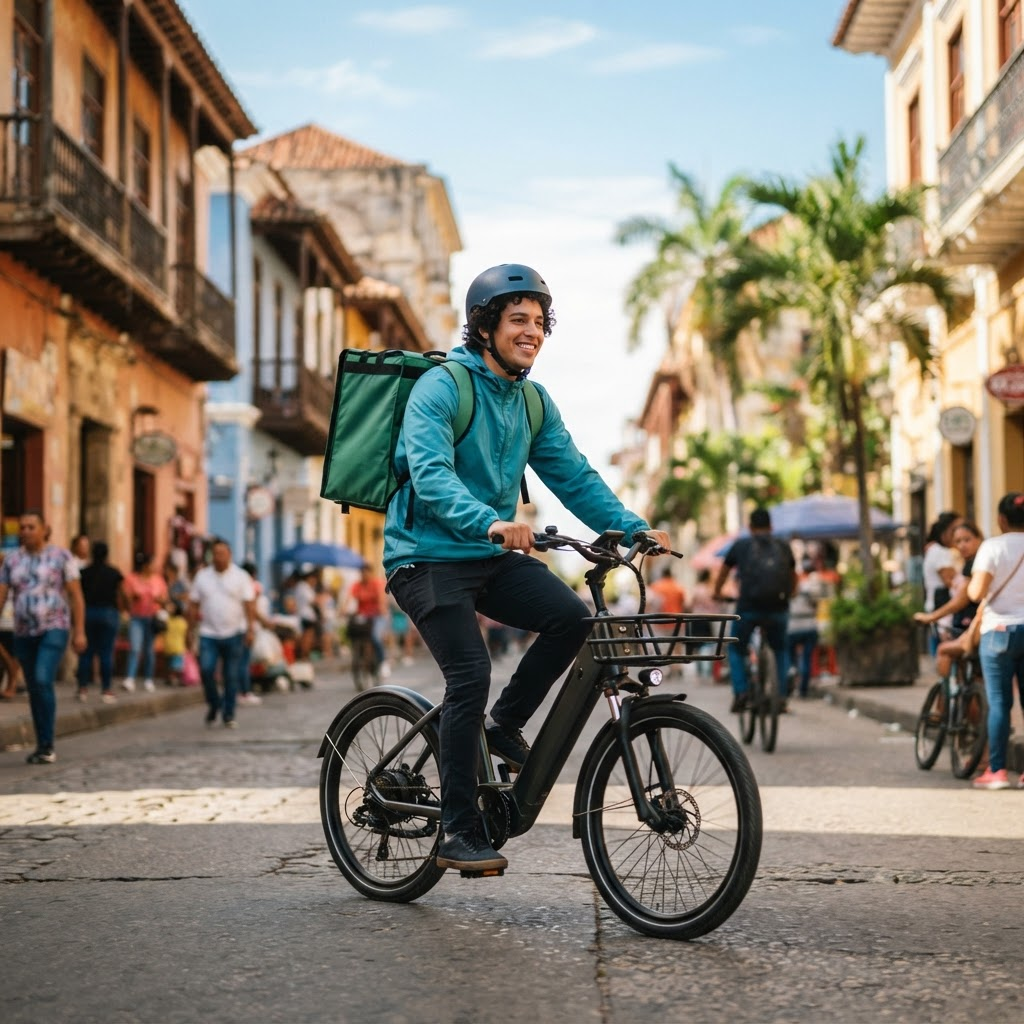 Mensajero en bicicleta entregando un paquete en la ciudad